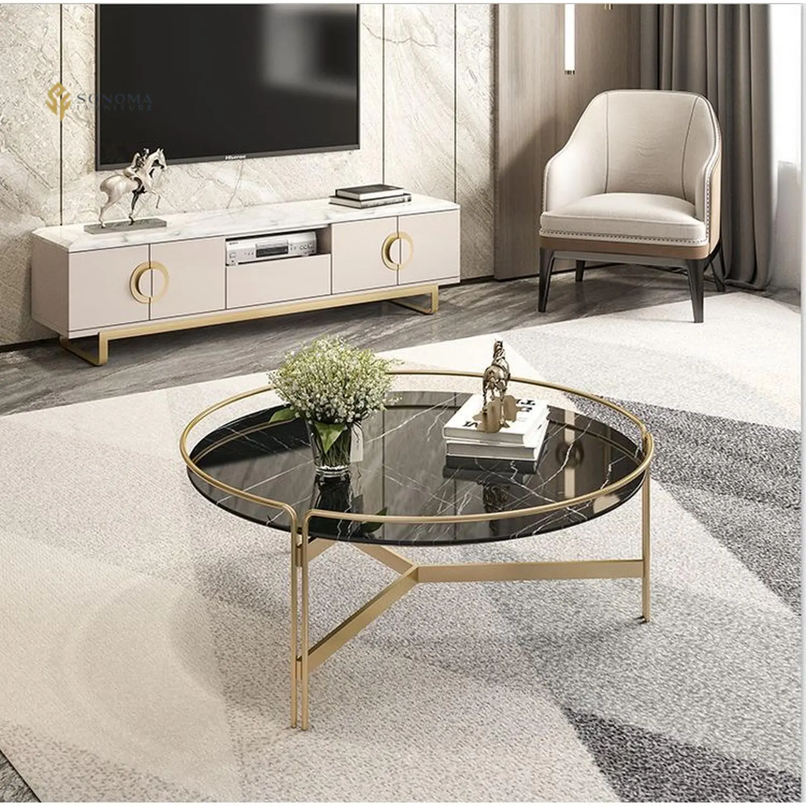 meja tamu / coffee table round top marble new model populer Indonesia Furniture