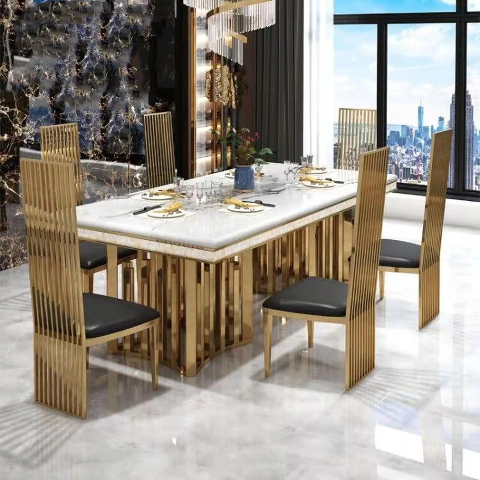 meja makan / dining table jari jari stainless gold mirror premium top marmer asli set meja dan 6 kursi Indonesia Furniture 4 meja makan / dining table jari jari stainless gold mirror premium top marmer asli set meja dan 6 kursi Indonesia Furniture