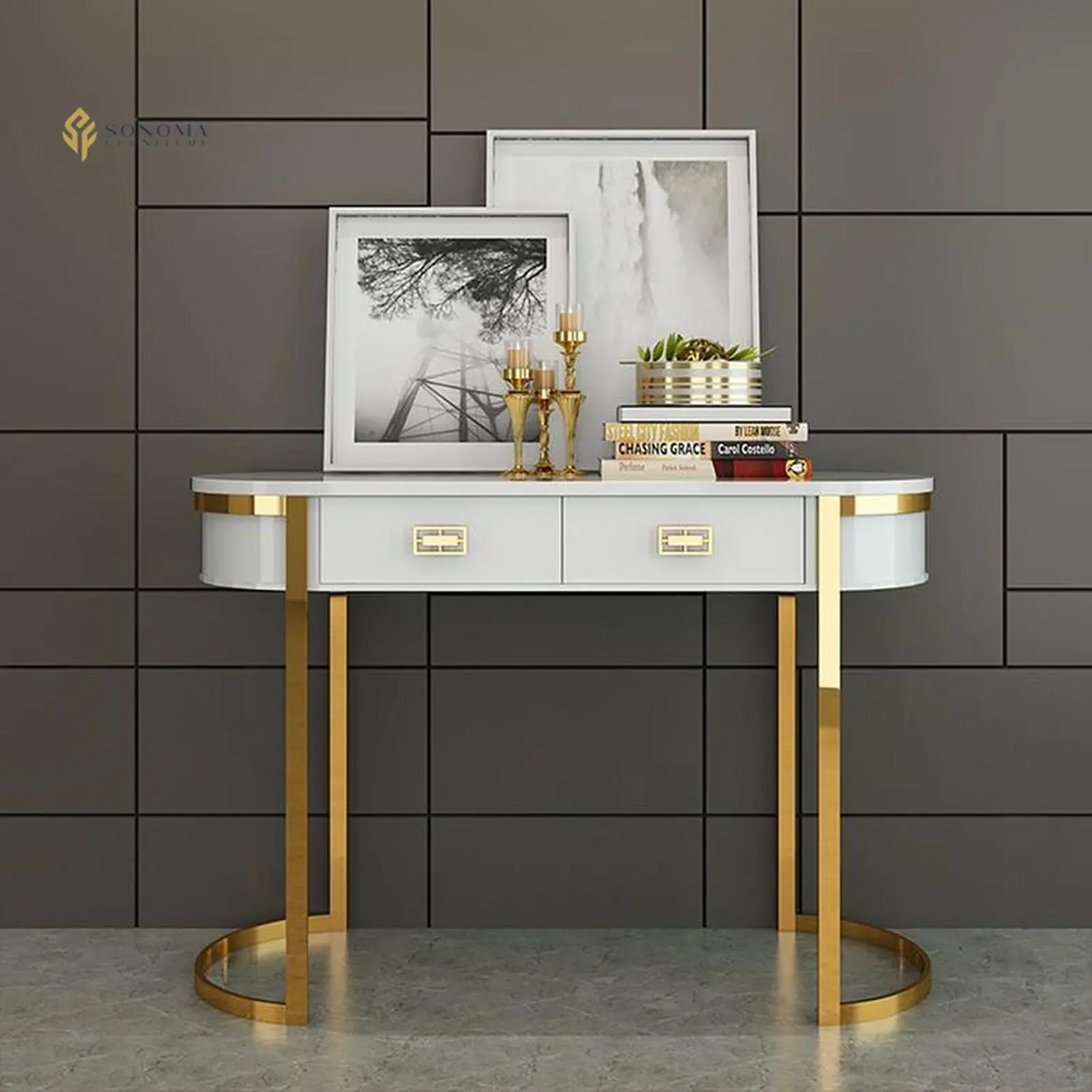 meja konsul / console table stainless gold hairline premium Indonesia Furniture