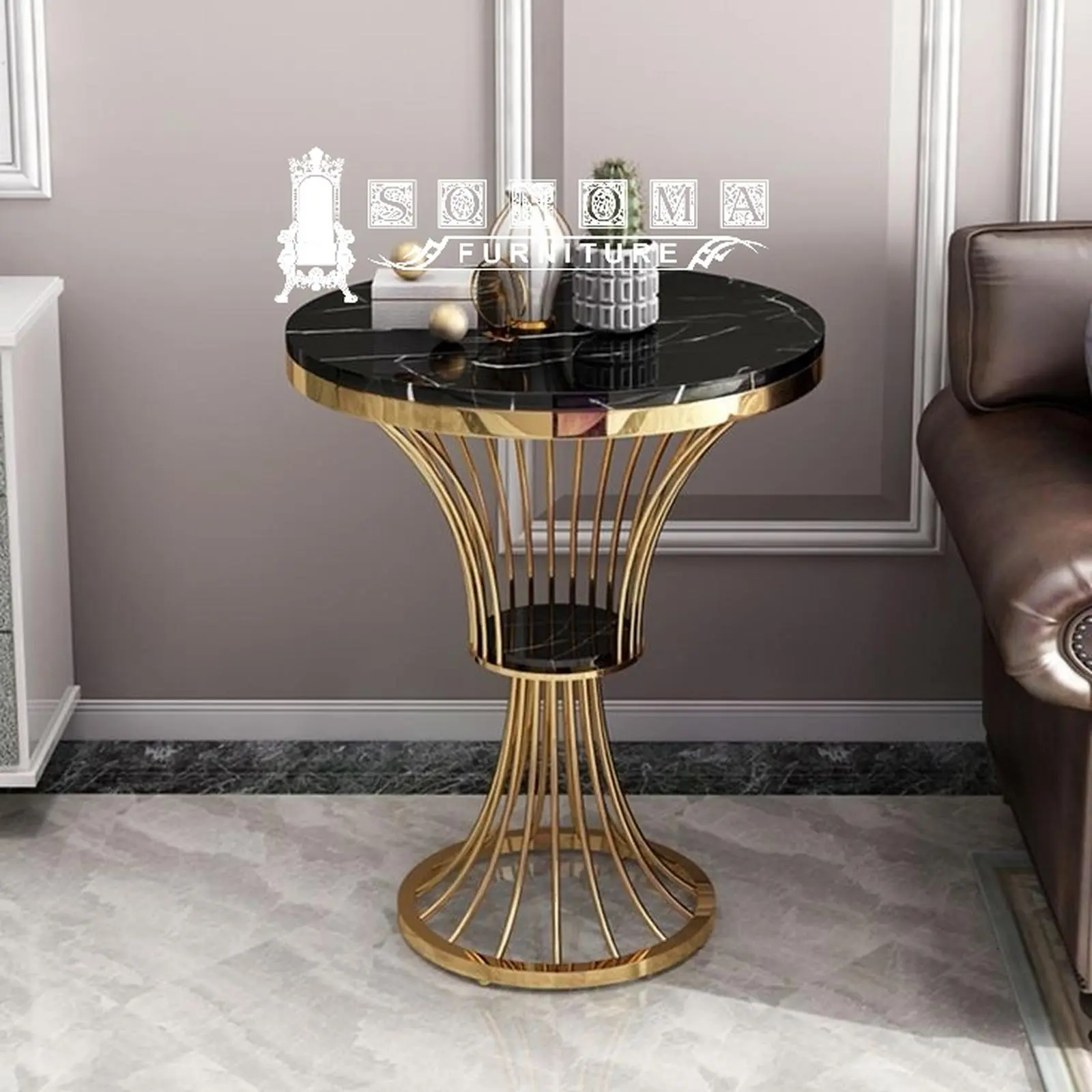 shide table stainless gold mirror top marble nero marquina Indonesia Furniture
