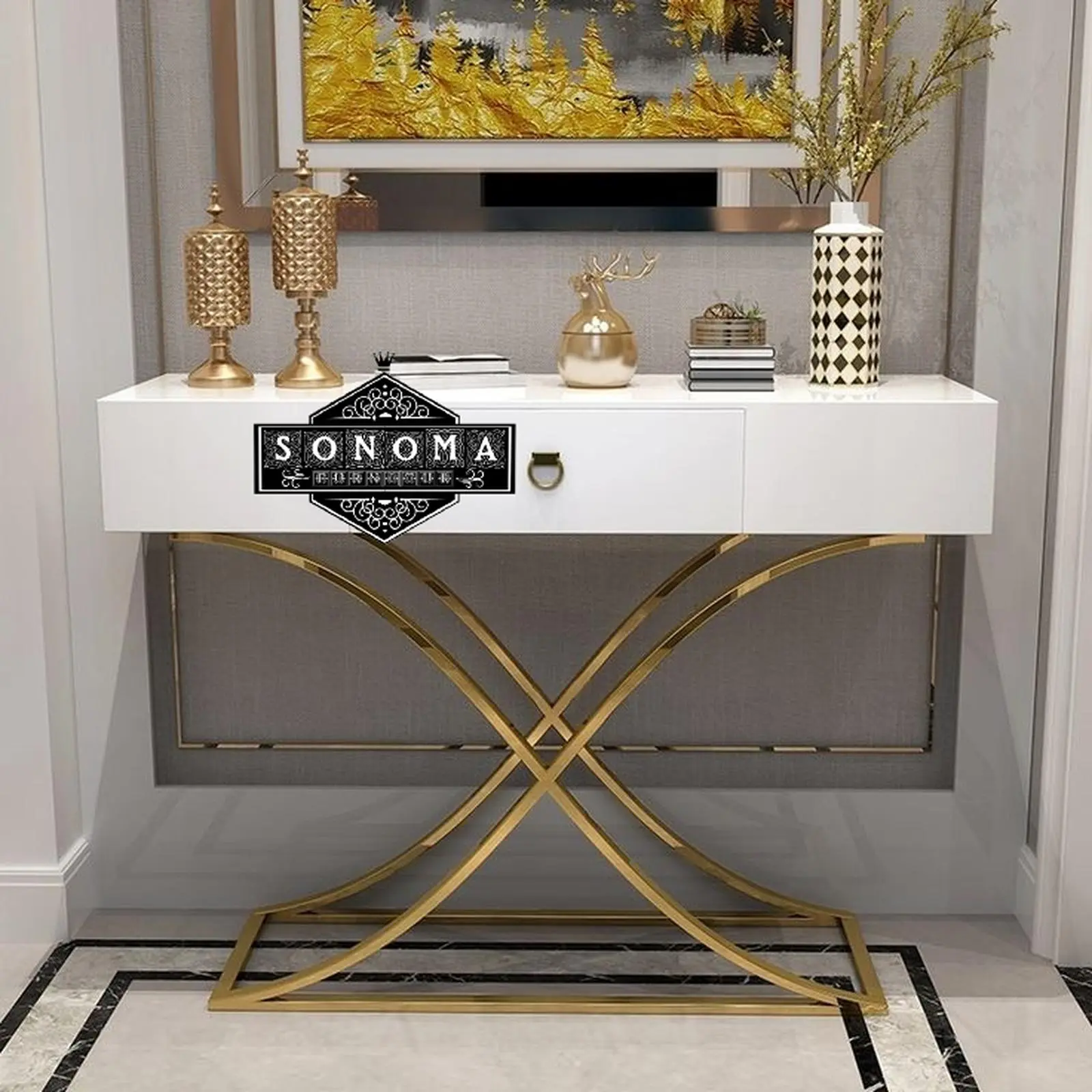 meja konsul stainless gold X ( meja kopi, meja rias, sofa tamu, nakas) Indonesia Furniture