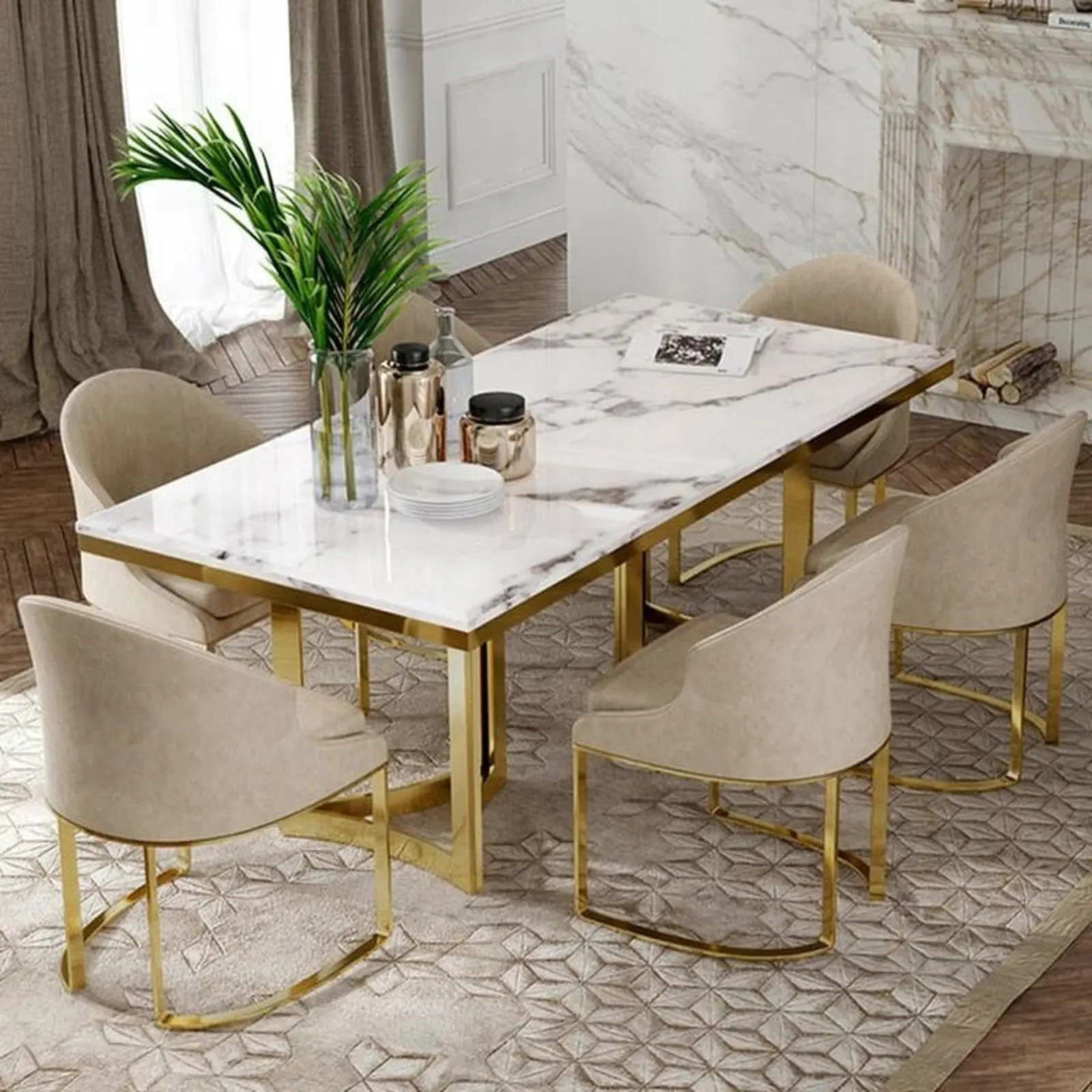 Set meja makan stainless gold top marmer kursi makan stainless modern Indonesia Furniture