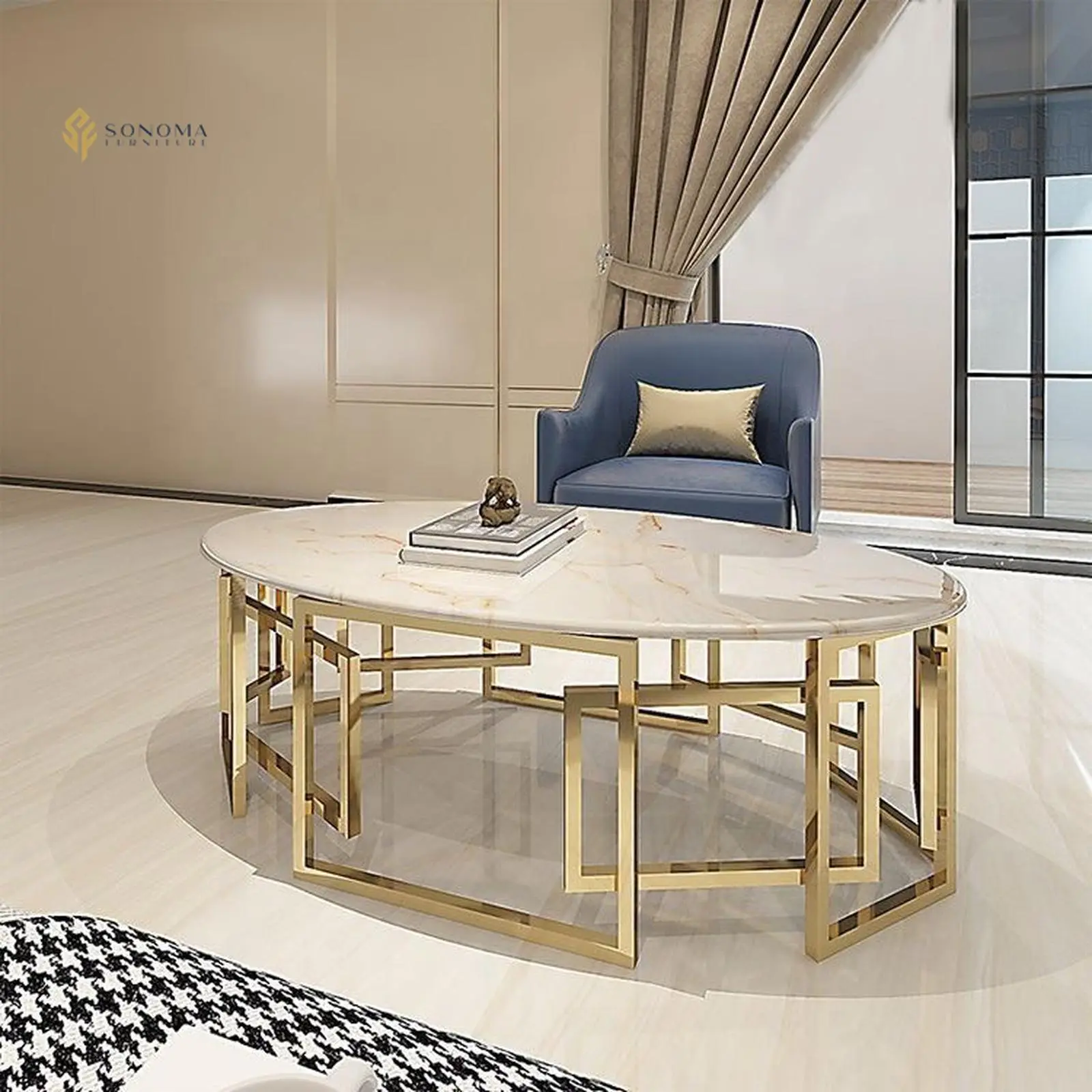 meja tamu / coffee table stainless gold top marble oval premium Indonesia Furniture