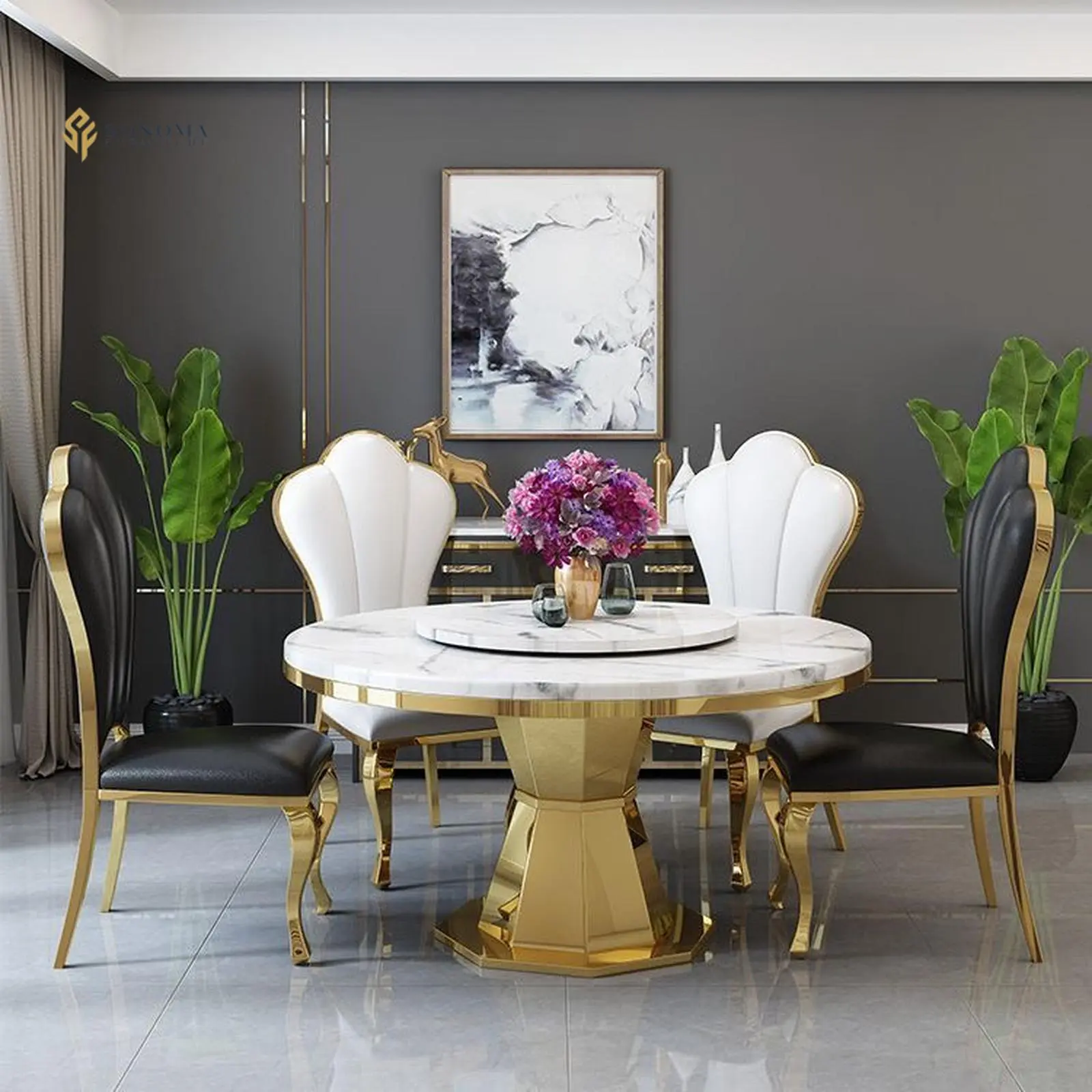 meja makan / dinning table rose stainless gold luxury top marble Indonesia Furniture