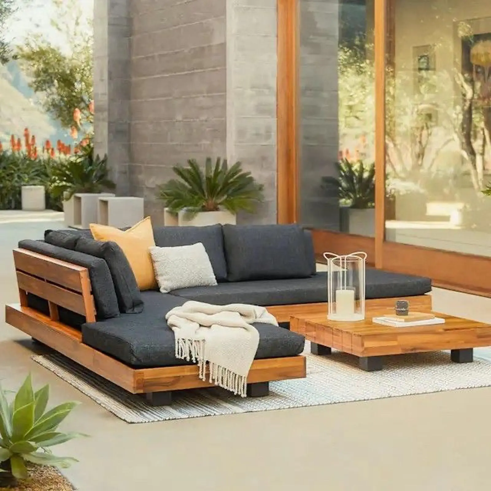 Set sofa sudut outdoor terbaru kayu jati sofa dengan bantalan tebal Indonesia Furniture