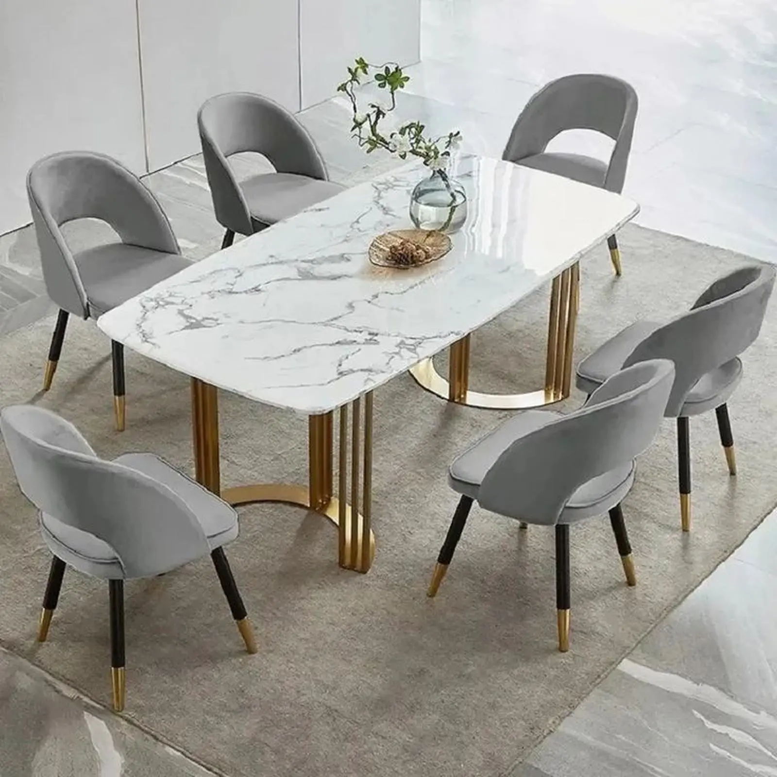 Set meja makan top marmer terbaik kaki meja stainless gold kursi makan Indonesia Furniture