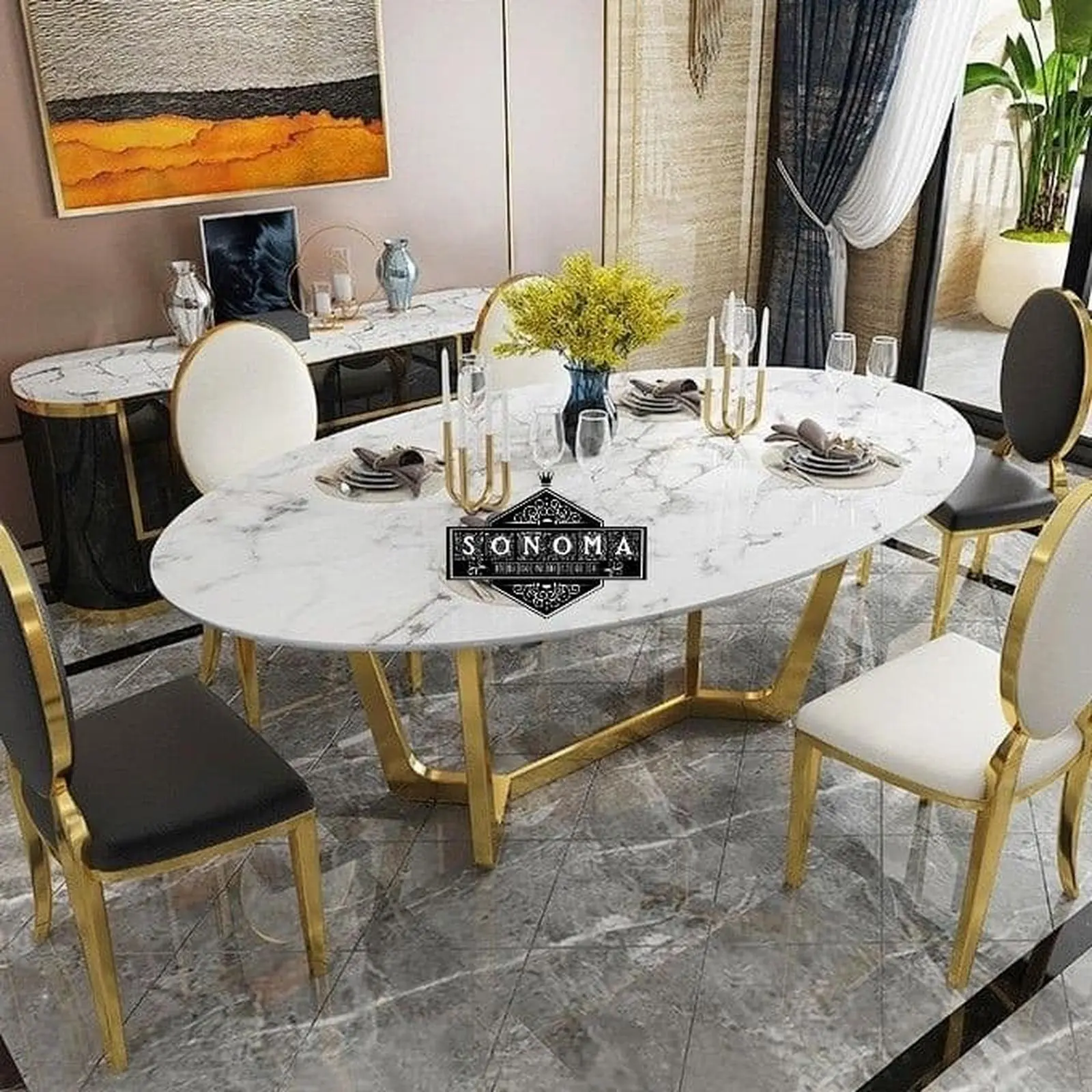 meja makan stainles gold oval ( kursi retro, sofa retro, nakar ukir) Indonesia Furniture