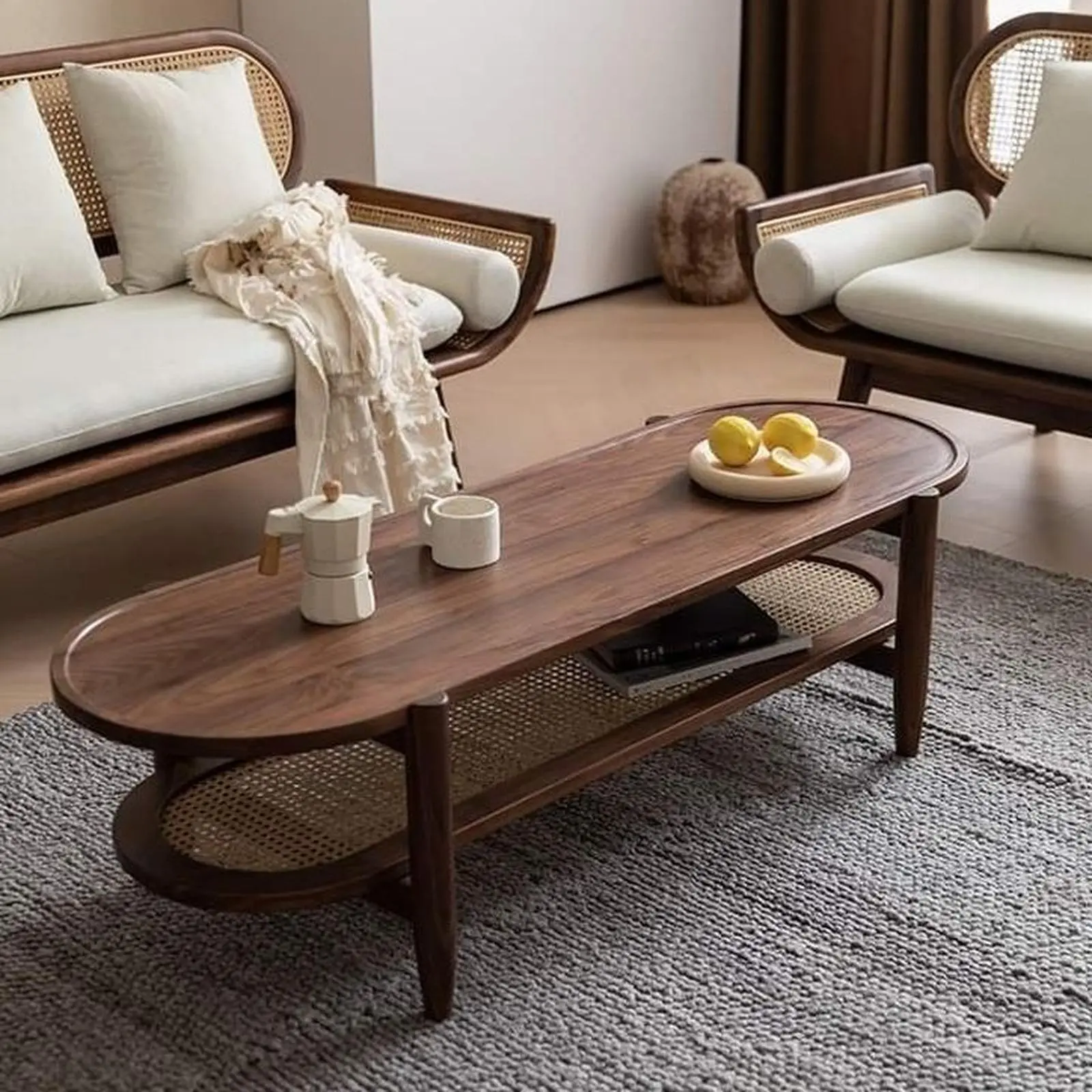 Meja tamu oval kayu jati ambalan kombinasi rotan alami Indonesia Furniture 2 Meja tamu oval kayu jati ambalan kombinasi rotan alami Indonesia Furniture