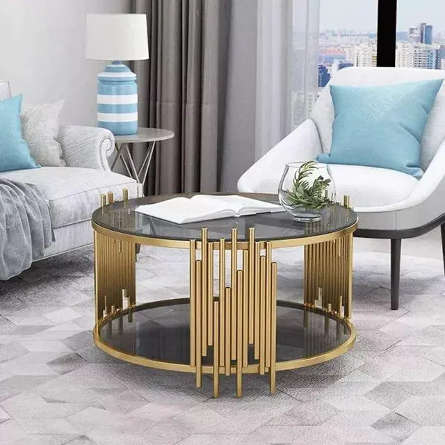 meja tamu / coffee table modern luxury stainless gold mirror top glass Indonesia Furniture