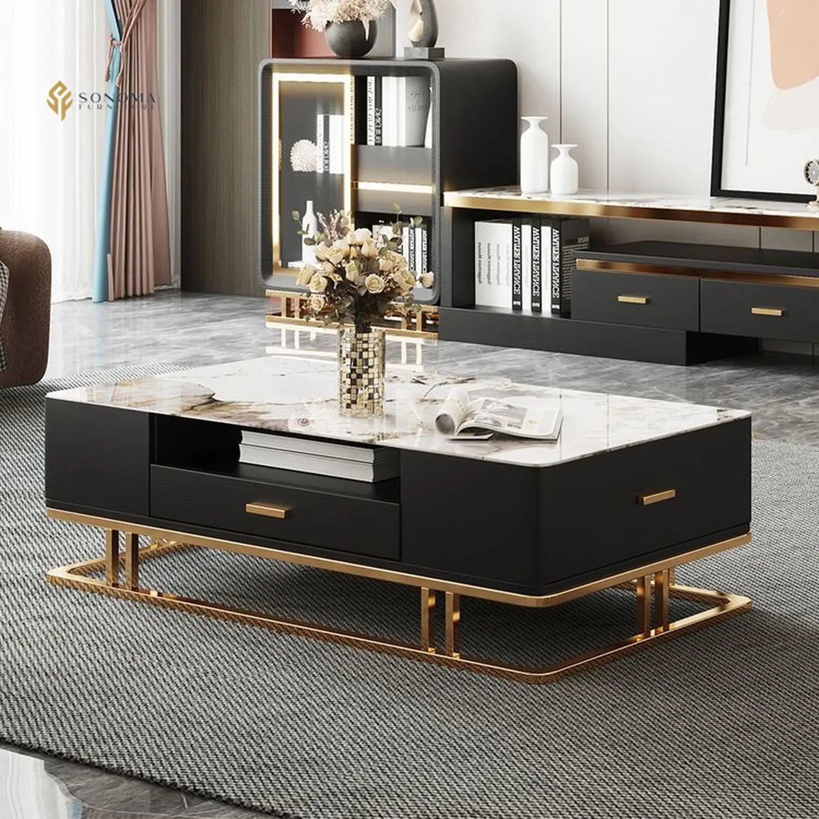 meja tamu / coffee table modern luxury stainless gold top marble Indonesia Furniture