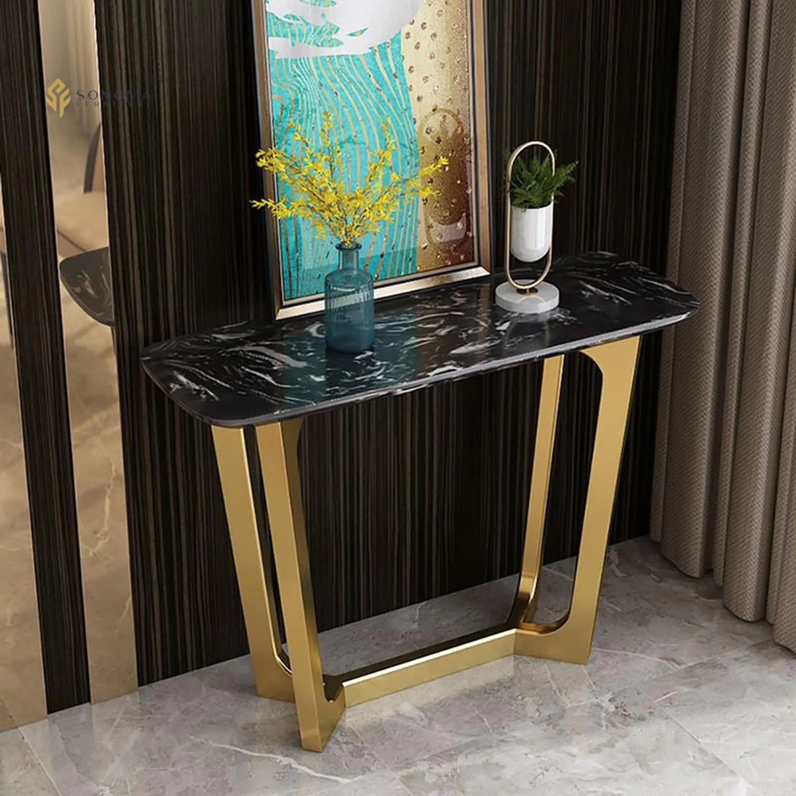 meja konsul / console table stainless gold populer luxury top marble Indonesia Furniture