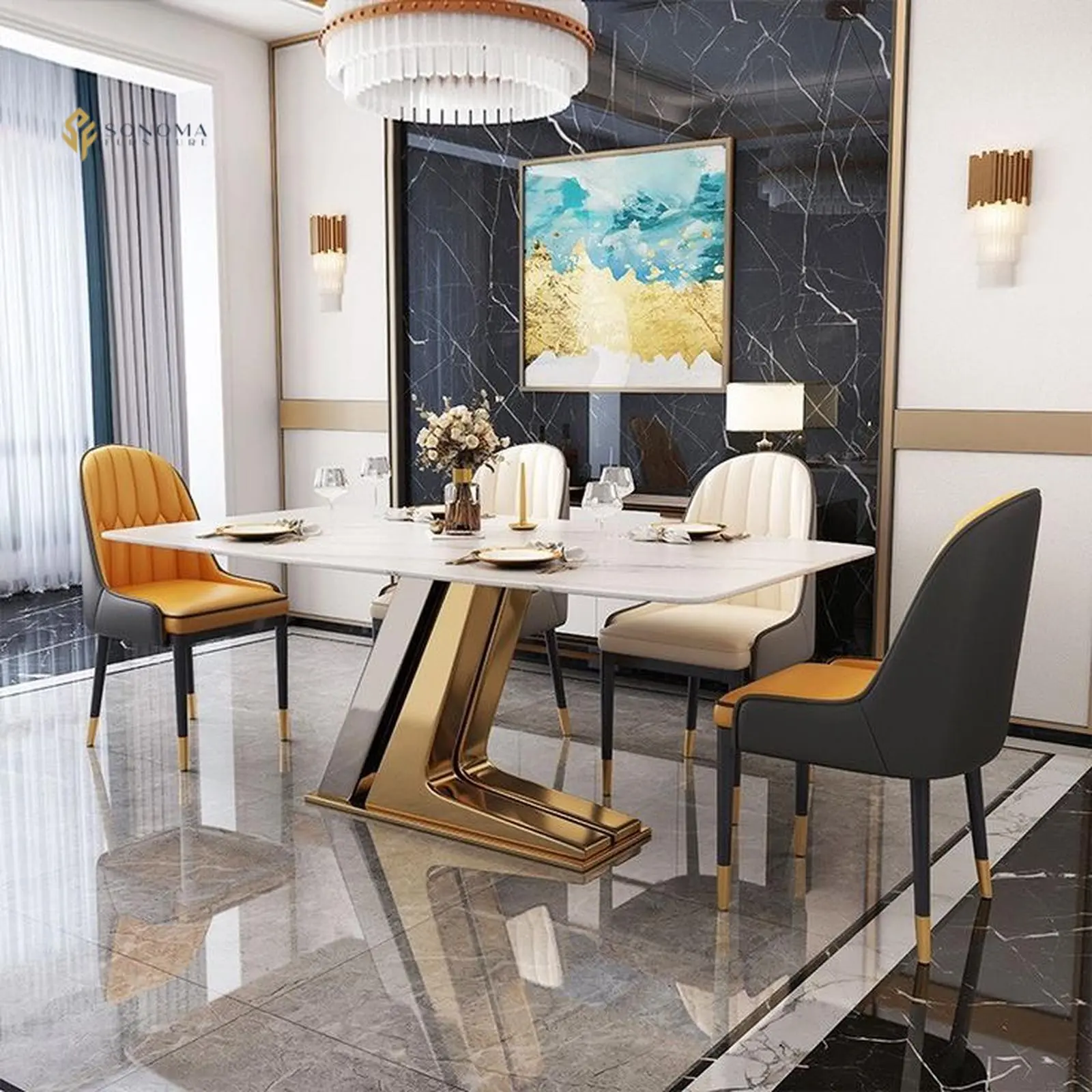 meja makan / dinning table modern luxury stainless mix top marble Indonesia Furniture 4 meja makan / dinning table modern luxury stainless mix top marble Indonesia Furniture