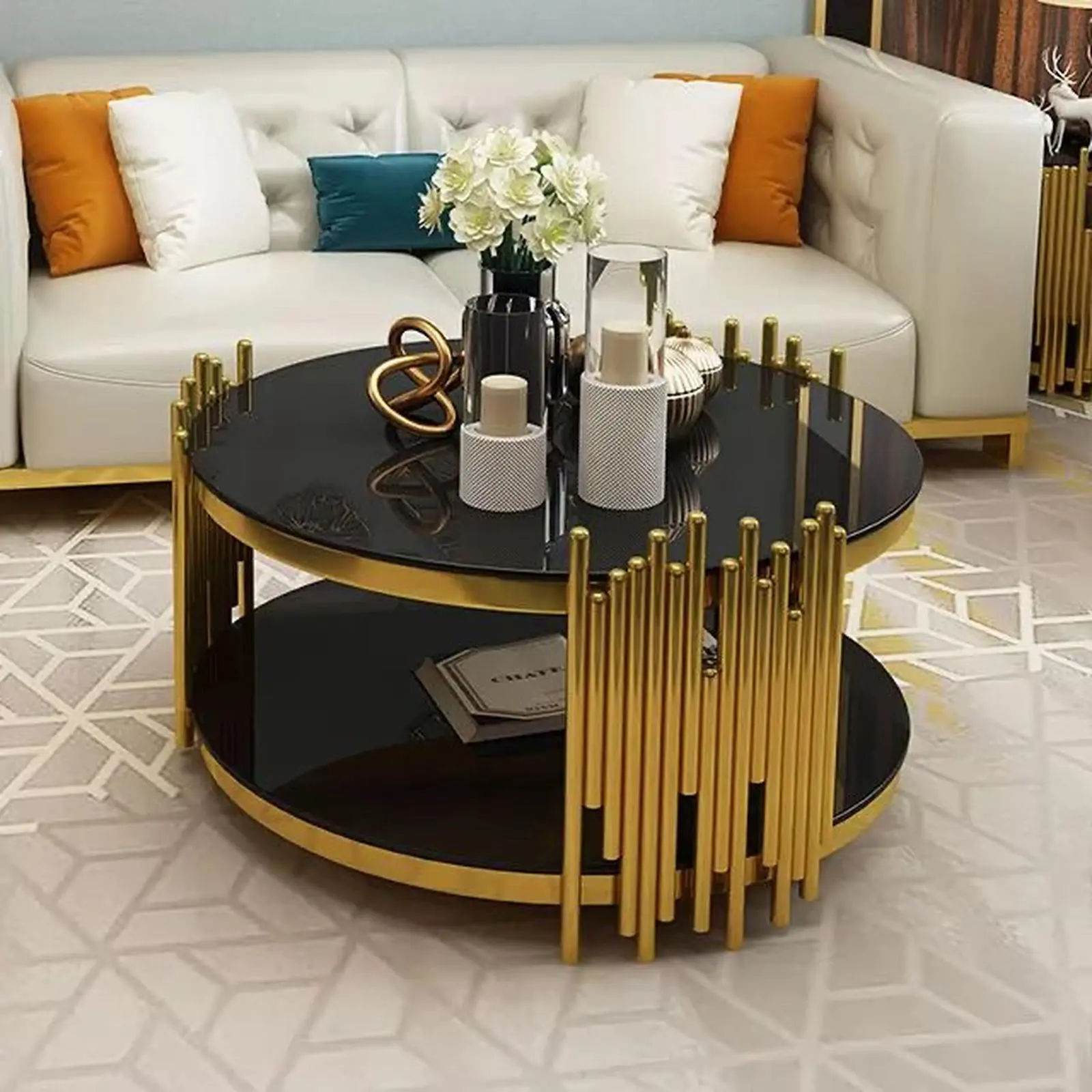 meja tamu / coffee table modern luxury stainless gold mirror top glass Indonesia Furniture