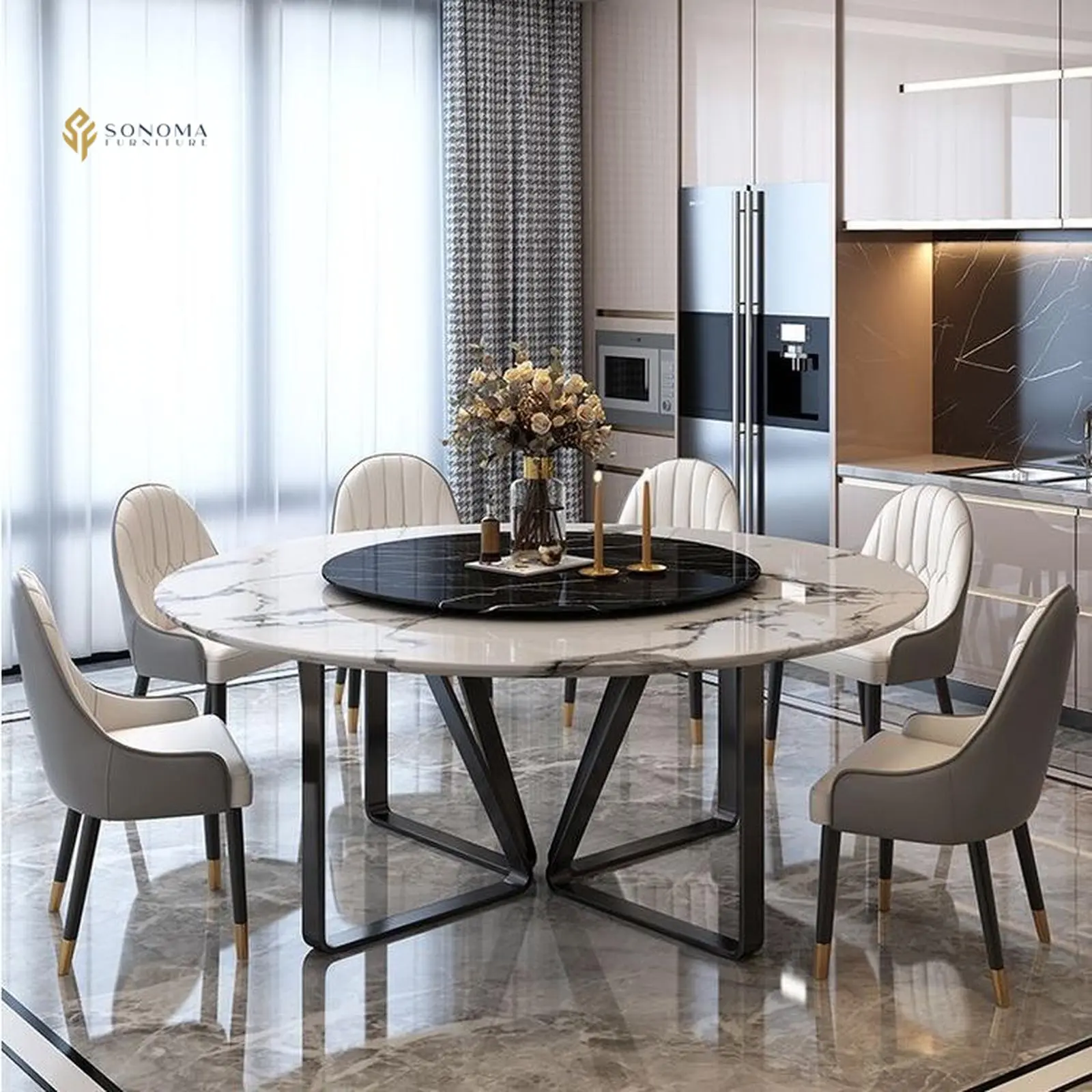 meja makan / dinning table round marble luxury populer Indonesia Furniture