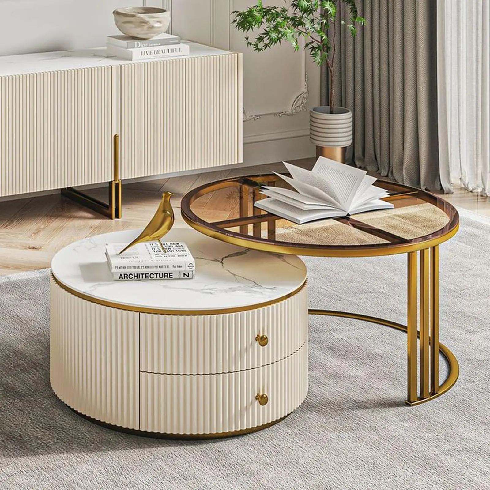 Coffe table modern salur kaki besi meja tamu top kaca kombinasi marmer Indonesia Furniture