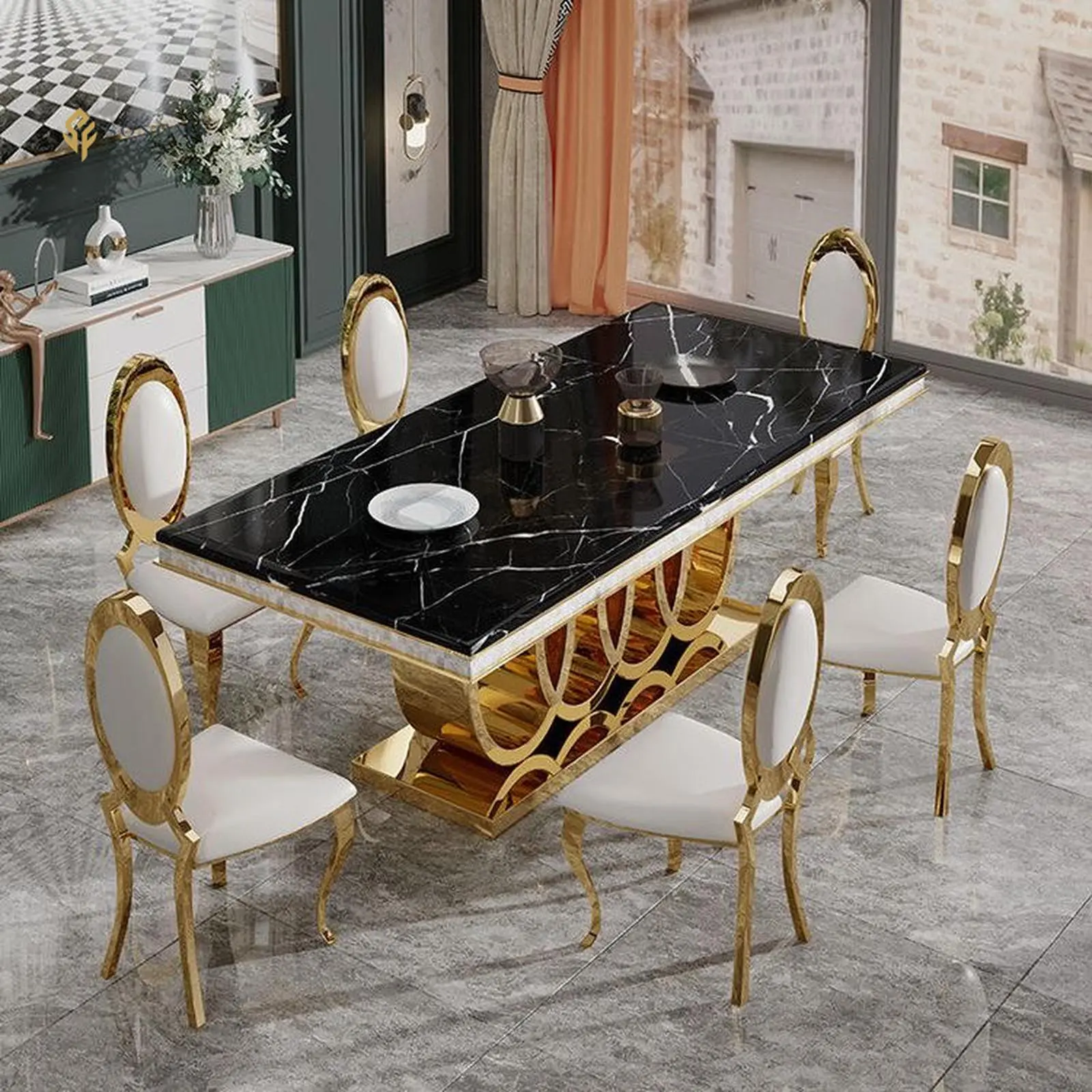 meja makan / dinning table stainless gold audy top marble luxury Indonesia Furniture