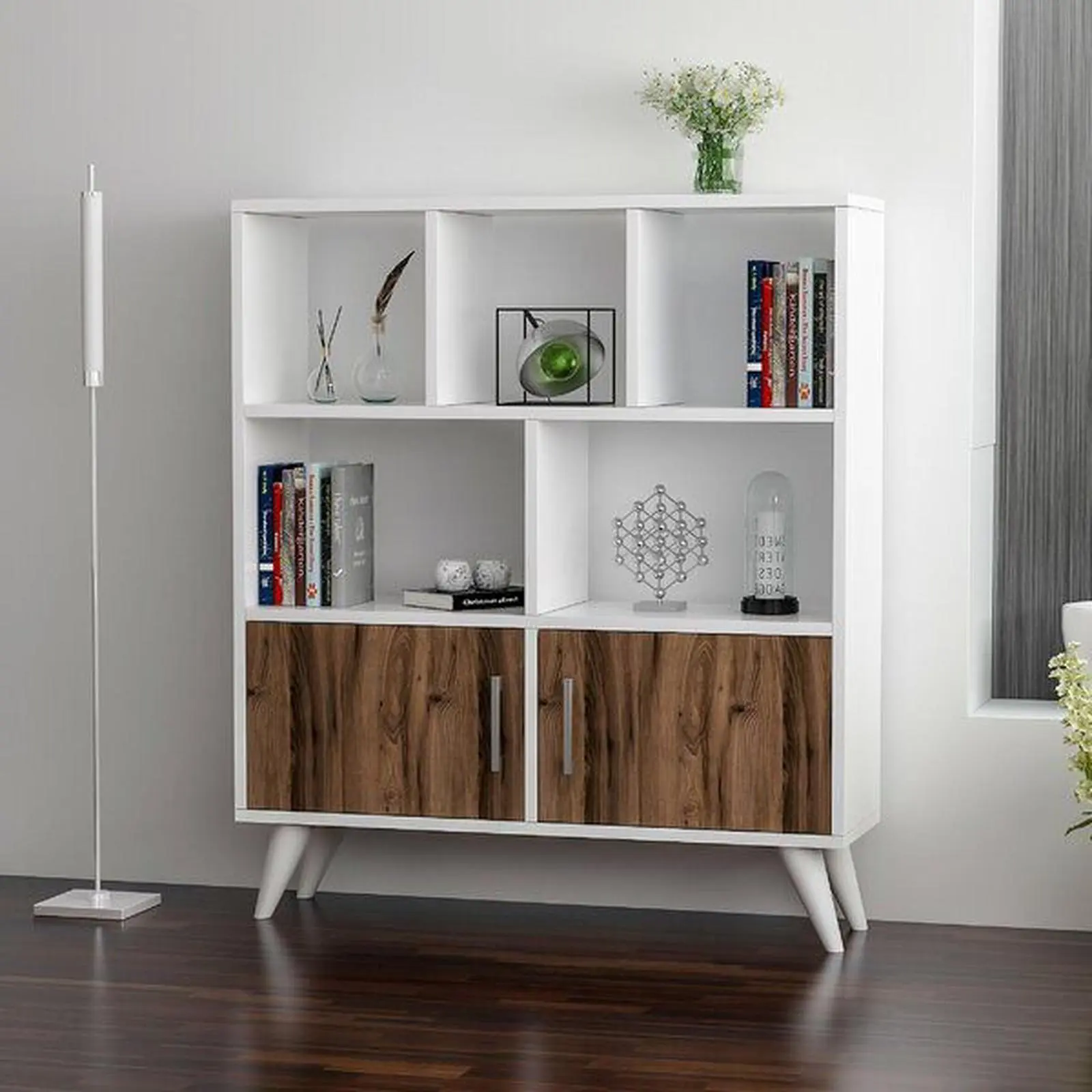 Rak buku retro putih kombinasi natural rak buku terlaris Indonesia Furniture