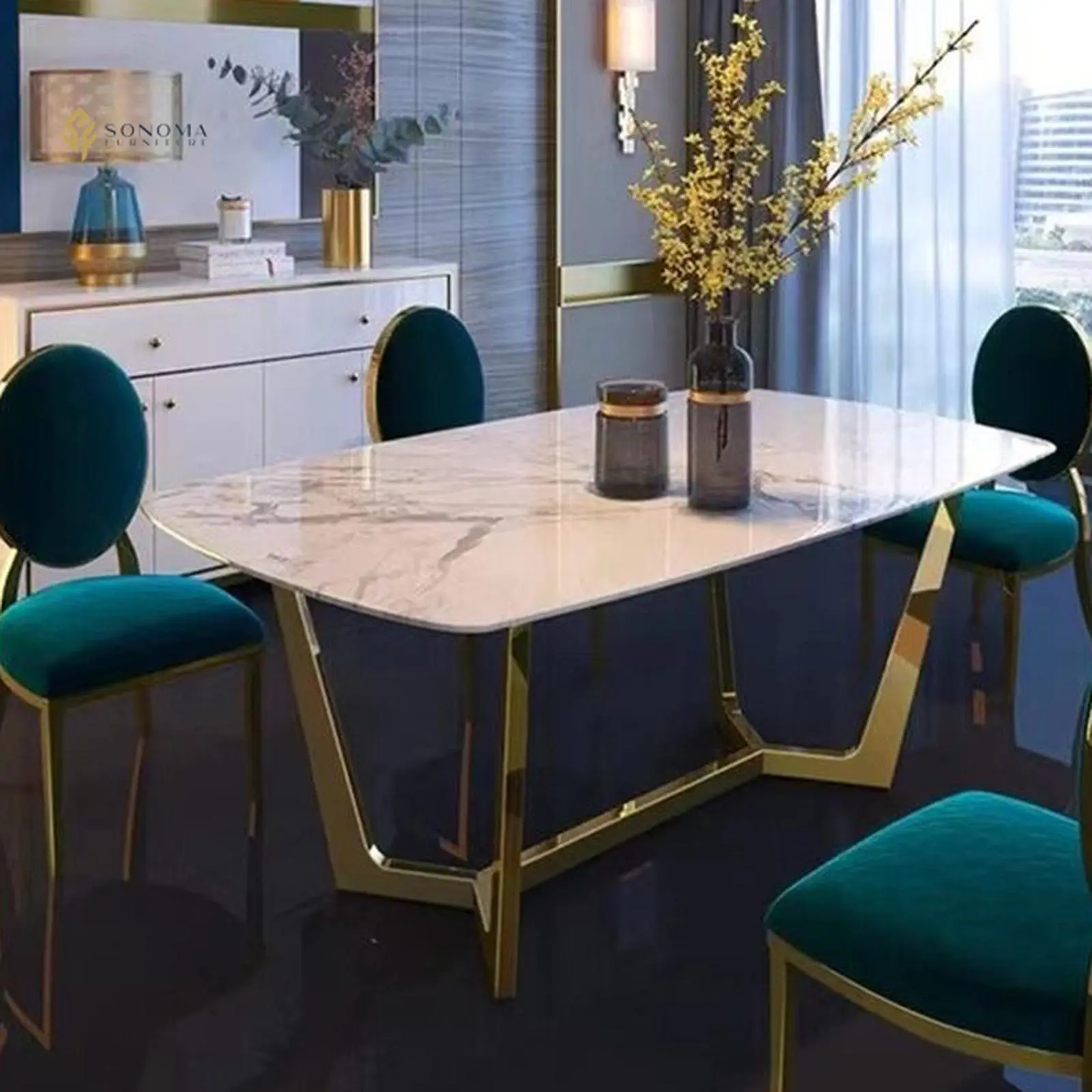 meja makan / dining table modern luxury stainless gold mirror top marmer asli set meja dan 4 kursi Indonesia Furniture 4 meja makan / dining table modern luxury stainless gold mirror top marmer asli set meja dan 4 kursi Indonesia Furniture