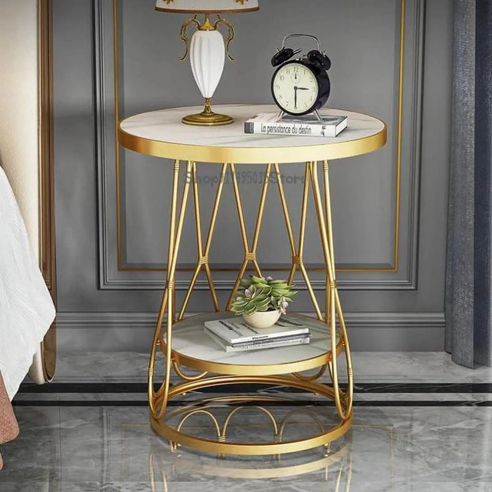 Meja bundar kecil besi finishing gold top marmer double Indonesia Furniture