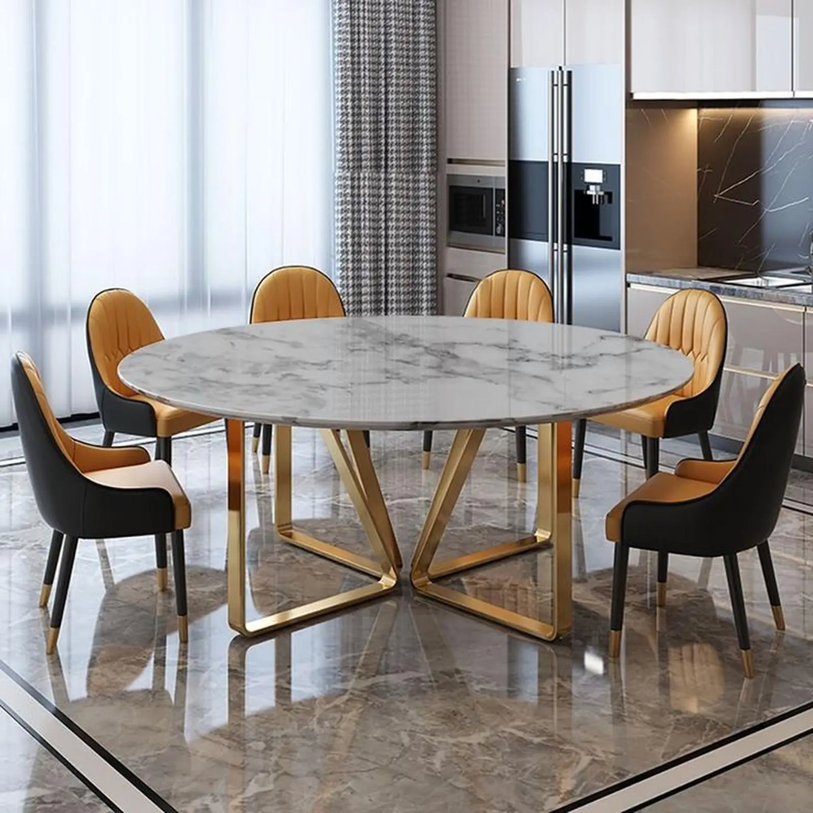 Set meja makan bundar stainless gold top marmer meja makan terbaik Indonesia Furniture 2 Set meja makan bundar stainless gold top marmer meja makan terbaik Indonesia Furniture